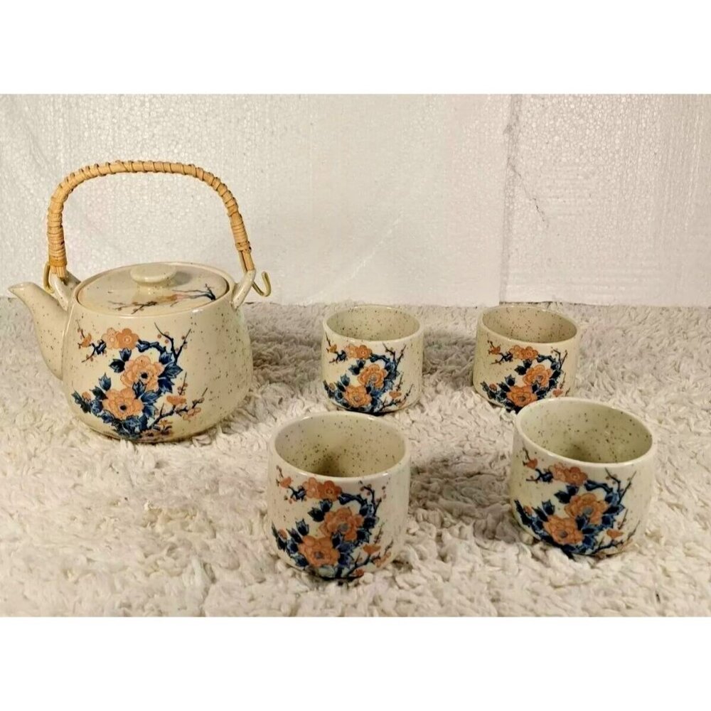 *Japanese Armbee Cherry Blossom Sakura Ceramic Wicker Handle Teapot w 4 Cups